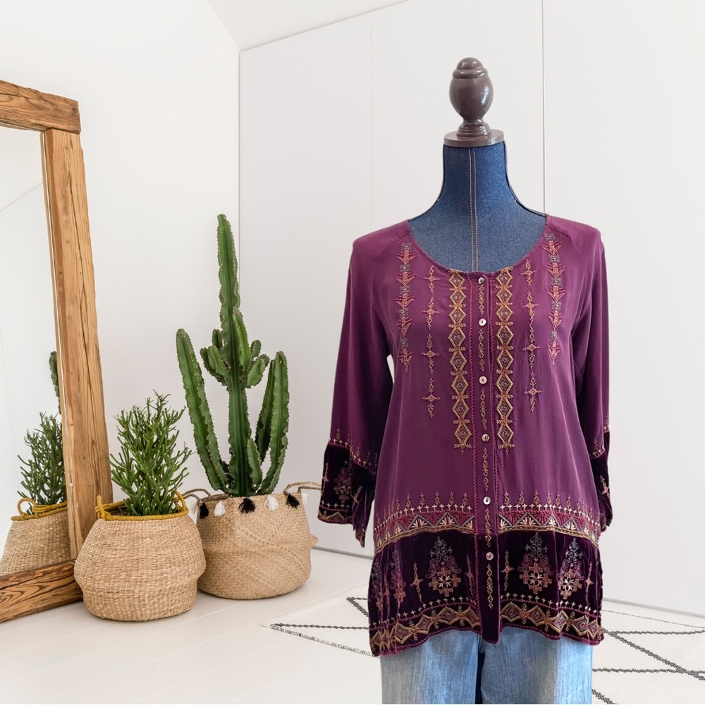 Johnny Was Workshop Button Down Silk Velvet Button Down Top